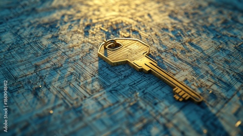 A golden key rests on a textured surface, symbolizing access and opportunity.