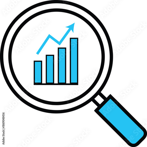 Data analysis tool showing magnifying glass focusing on increasing bar chart and growth arrow representing market research and financial investigation on transparent background illustration