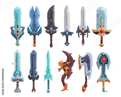 Vibrante colección de espadas, hachas y armas de fantasía con diseños únicos y elementos mágicos, ideal para videojuegos y proyectos con fondo transparente.