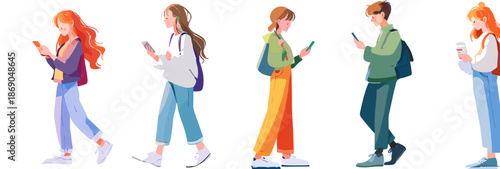 Ilustración de un grupo de jóvenes que caminan usando sus teléfonos móviles, simbolizando la conexión digital y el estilo de vida contemporáneo.