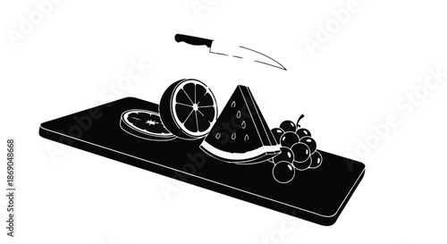 Fresh fruits arranged on a dark cutting board with a knife hovering above