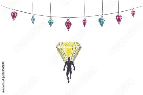 Silueta de un hombre volando con un diamante amarillo brillante bajo adornos de joyas transparentes, simbolizando logro y éxito.
