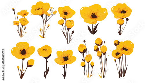 Colección de ilustraciones vectoriales de flores amarillas estilo acuarela, ideales para diseño gráfico con fondo transparente.