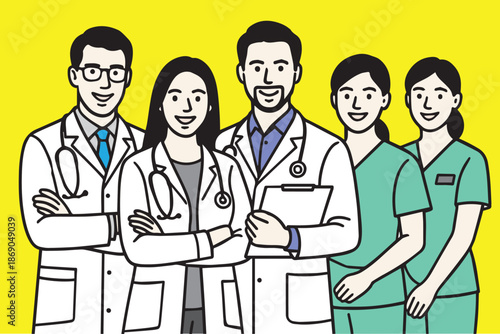 A vector illustration showing male and female doctors and nurses standing together, wearing medical uniforms, representing healthcare teamwork, professionalism, care, and modern hospital services.