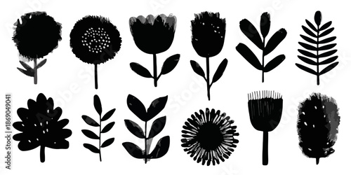 Colección vectorial de siluetas de plantas, flores y hojas dibujadas a mano con textura, en un estilo escandinavo moderno y transparente.