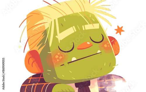 Ilustración vectorial de un monstruo verde de dibujos animados con pelo rubio, ojos cerrados y expresión aturdida, ideal para conceptos de cansancio o confusión.