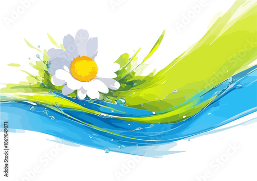 Illustrazione vettoriale di una margherita bianca su sfondo astratto con onde acquerello verdi e blu, evocando freschezza e natura primaverile.