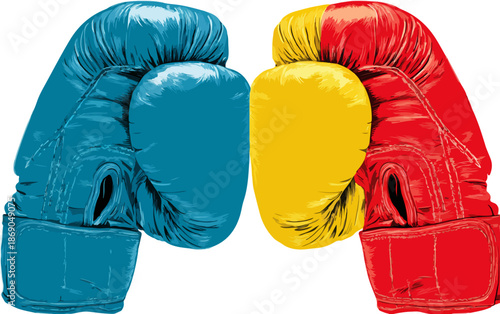 Due guantoni da boxe colorati, uno blu e uno rosso, si fronteggiano simboleggiando competizione e sfida su sfondo trasparente.