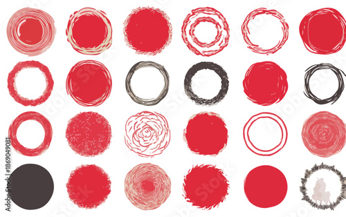 Variedad de círculos abstractos con pinceladas rojas y negras, texturas grunge y efecto transparente, ideales como elementos decorativos modernos para diseño gráfico.