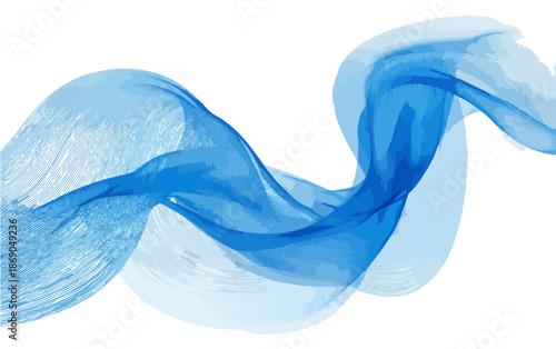 Illustrazione digitale di un'onda fluida e trasparente, con sfumature di blu che creano un elegante movimento astratto su sfondo bianco.