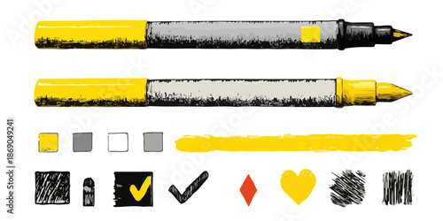 Ilustración vectorial detallada de marcadores resaltadores amarillos y elementos gráficos dibujados a mano, ideal para diseño.