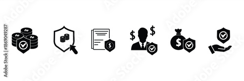 Simple financial insurance money shield protection icon, online life insurance line set, accident business, guard, compensation, service, vector illustration