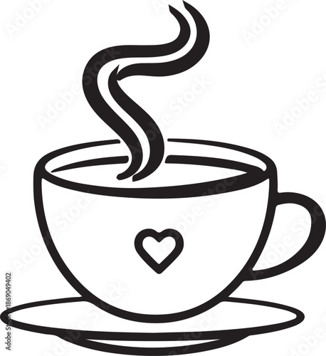  Minimalist coffee or tea cup icon with heart symbol and rising steam line art vector illustration for cafe and love concept.