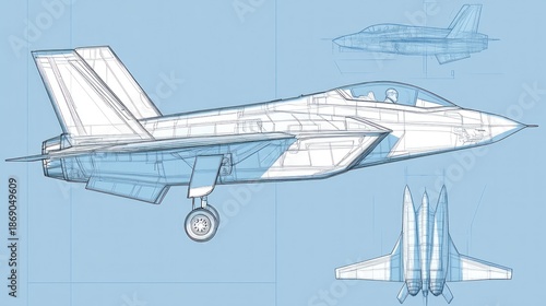Technical illustration of a fighter jet with detailed views and schematics.