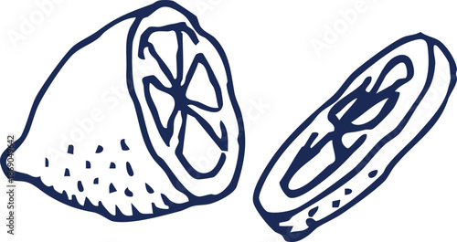 Hand-drawn sketch of a halved lemon and a sliced lemon, perfect for food and drink illustrations