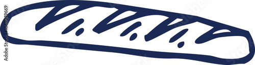 A hand-drawn illustration of a baguette, a long, thin loaf of French bread, often with a crisp crust and soft interior, perfect for sandwiches or as an accompaniment to meals