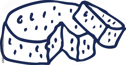 Hand-drawn sketch illustration of a delicious cheese wheel with several wedges already cut and ready to serve, representing dairy food art and culinary delight