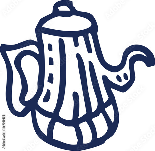 A hand-drawn illustration of a classic-style coffee pot with a rounded lid and a curved spout, rendered in a simple, dark blue outline against a white background