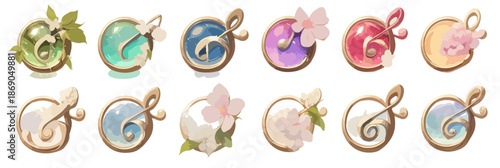 Set di icone decorative rotonde e trasparenti con motivi floreali e astratti, perfette per UI di giochi o applicazioni web, su sfondo bianco.