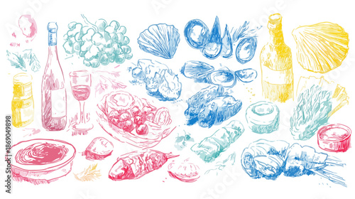 Illustrazione disegnata a mano di un assortimento culinario con frutti di mare, vino e verdure, su sfondo trasparente.