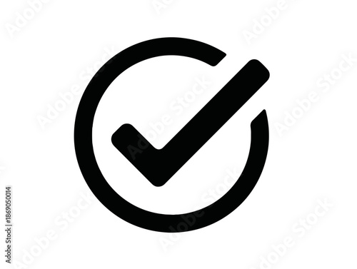 Icona vettoriale di spunta nera all'interno di un cerchio, simbolo di conferma, corretto, successo, completato, trasparente e isolato su sfondo bianco.