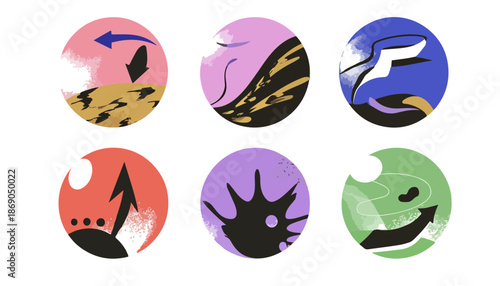 Set di sei icone astratte colorate che rappresentano concetti di crescita, cambiamento e progresso, ideali per design trasparente e moderno.