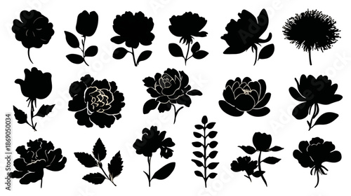 Vasta collezione di silhouette floreali nere, include rose, boccioli e foglie, ideali per design grafico, decorazioni e progetti artistici con sfondo trasparente.