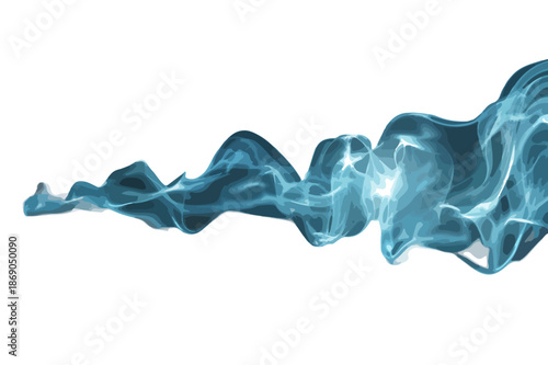 Elegante onda di fumo blu trasparente e dinamico, con bagliori eterei su sfondo bianco, ideale per grafiche futuristiche e concetti di energia.