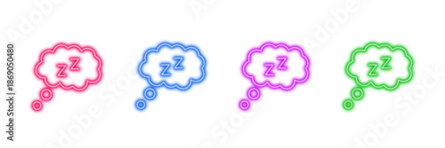 Neon glowing sleep speech bubble vector icons set, dreams, rest, tired, Zzz, slumber, relaxation, vibrant colorful digital design illustration on transparent background.