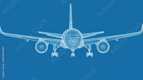 A wireframe illustration of an airplane against a blue background.