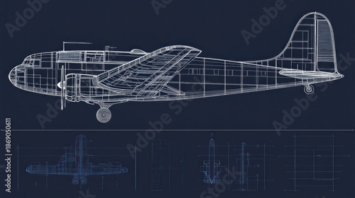 Blueprint illustration of an airplane, showcasing design and engineering details.