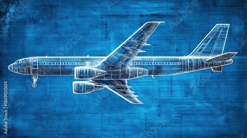 A blueprint-style illustration of an airplane against a blue background.