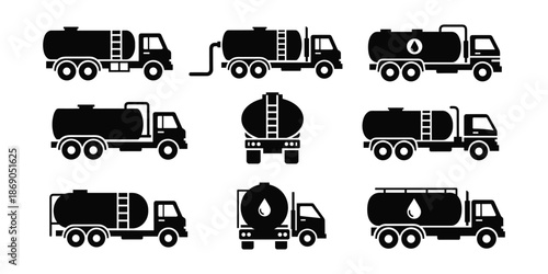 Set of nine black silhouette icons representing various styles of tanker trucks