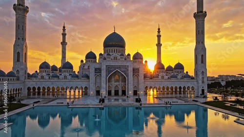 Majestic mosque at sunset with reflective pool, grand domes, slender minarets, tranquil glow at dusk