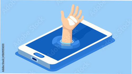 Drowning smartphone with a hand reaching out for help