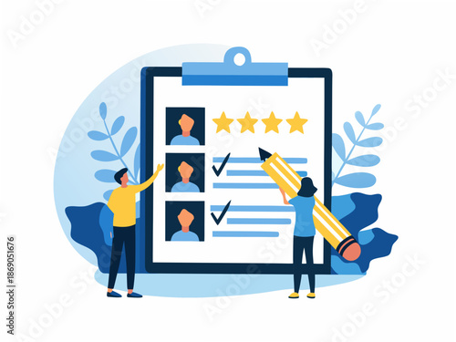 People evaluating and rating candidates on a large clipboard checklist