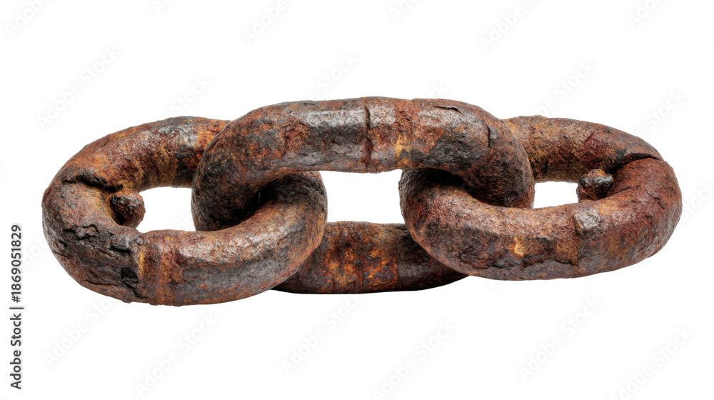 Fototapeta premium Rusty metal chain links forming connection, showing corrosion, age, and strength against decay with transparent background