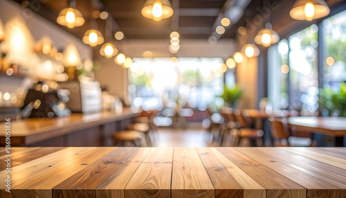 Wallpaper Mural Wooden table foreground with a blurry interior caf? scene background Torontodigital.ca
