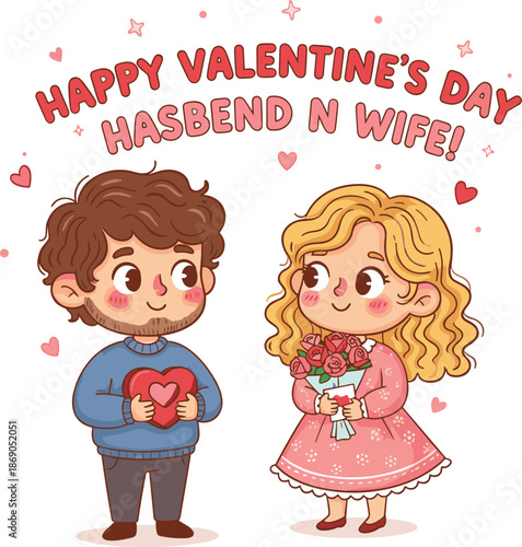 Valentine's Day cartoon couple illustration, husband and wife with heart and roses, festive love scene, joyful romantic design