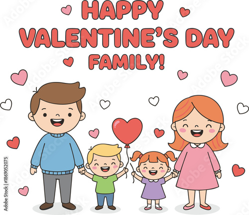 Valentine's Day cartoon family of four, kids holding heart balloon, festive love celebration, joyful holiday scene, cute design