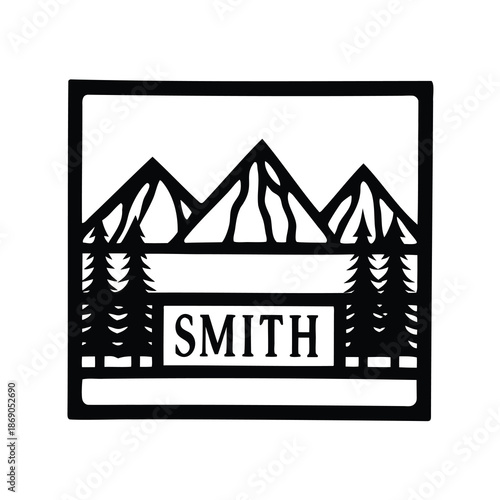 Minimalist monochrome mountain and pine tree scene with the name Smith