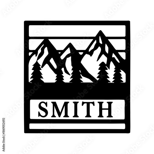 Black and White Mountain Scene with Coniferous Trees and the Name Smith