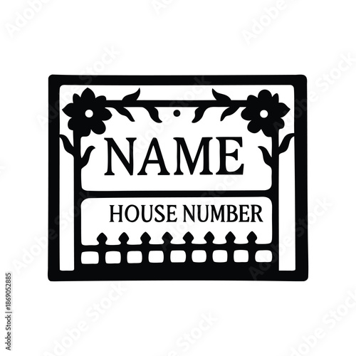 Monochrome rectangular house name and number sign with floral decorations