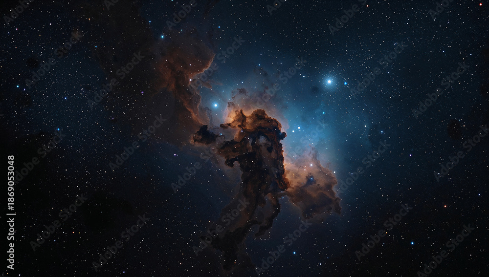 Naklejka premium Pillars of creation nebula blue and orange glowing gas clouds