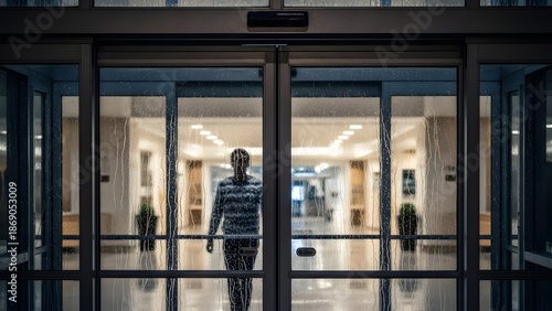 View through a rain-covered glass entrance showing a person walking inside a brightly lit modern building