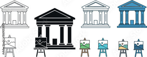 Museum gallery and classical building icon set vector illustration featuring exhibition easels and ancient architecture symbols for art presentation, culture, education, and heritage design concepts