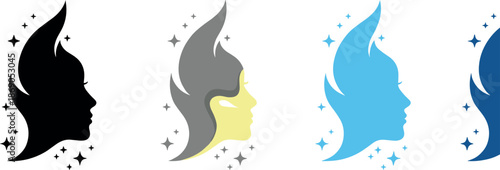 Woman face silhouette with flowing hair icon set vector illustration featuring female profile portraits in multiple colors for beauty, fashion, cosmetics, and identity design concepts