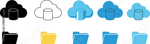 Cloud storage and file folder icon set vector illustration featuring database clouds and document folders in multiple colors for data management and digital storage design