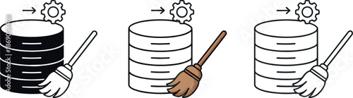 Database maintenance and data cleanup icon set vector illustration featuring stacked servers with broom and gear symbols for system optimization, storage management, and IT maintenance design