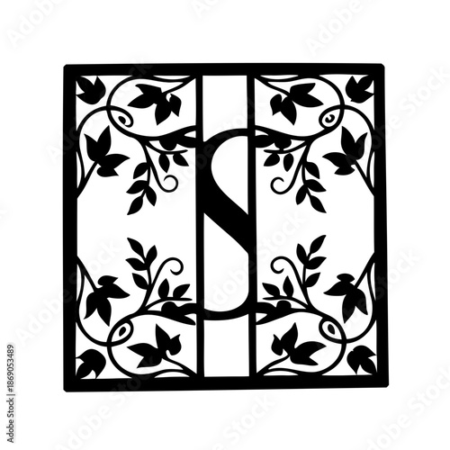 Elegant Letter S Floral Monogram Design with Square Frame and Leaves